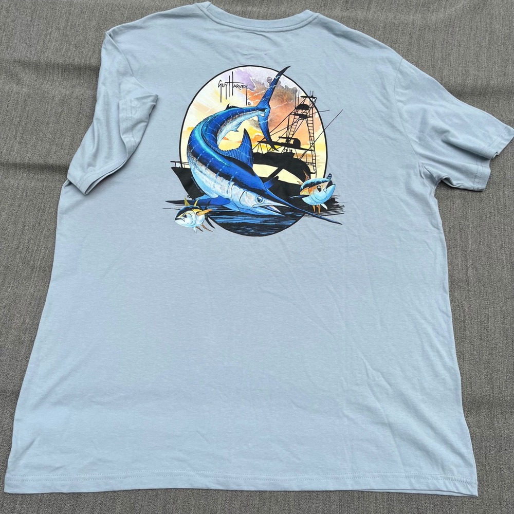 Guy Harvey Mens XXL Blue Short Sleeve Marlin Tuna Fishing Graphic T-Shirt